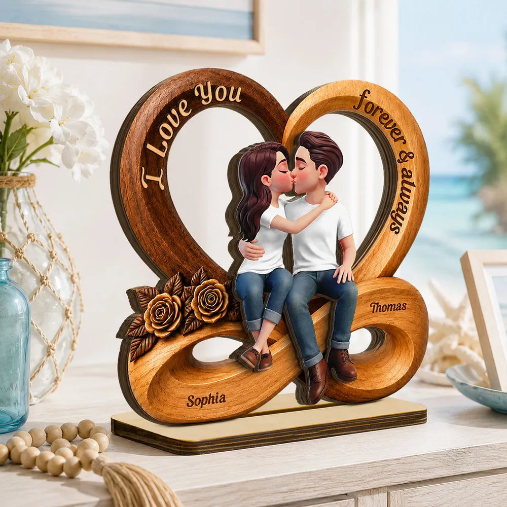 Couple Love You Forever & Always Infinity Heart - Personalized Wooden Plaque - Anniversary Gift For Couple, For Him, For Her