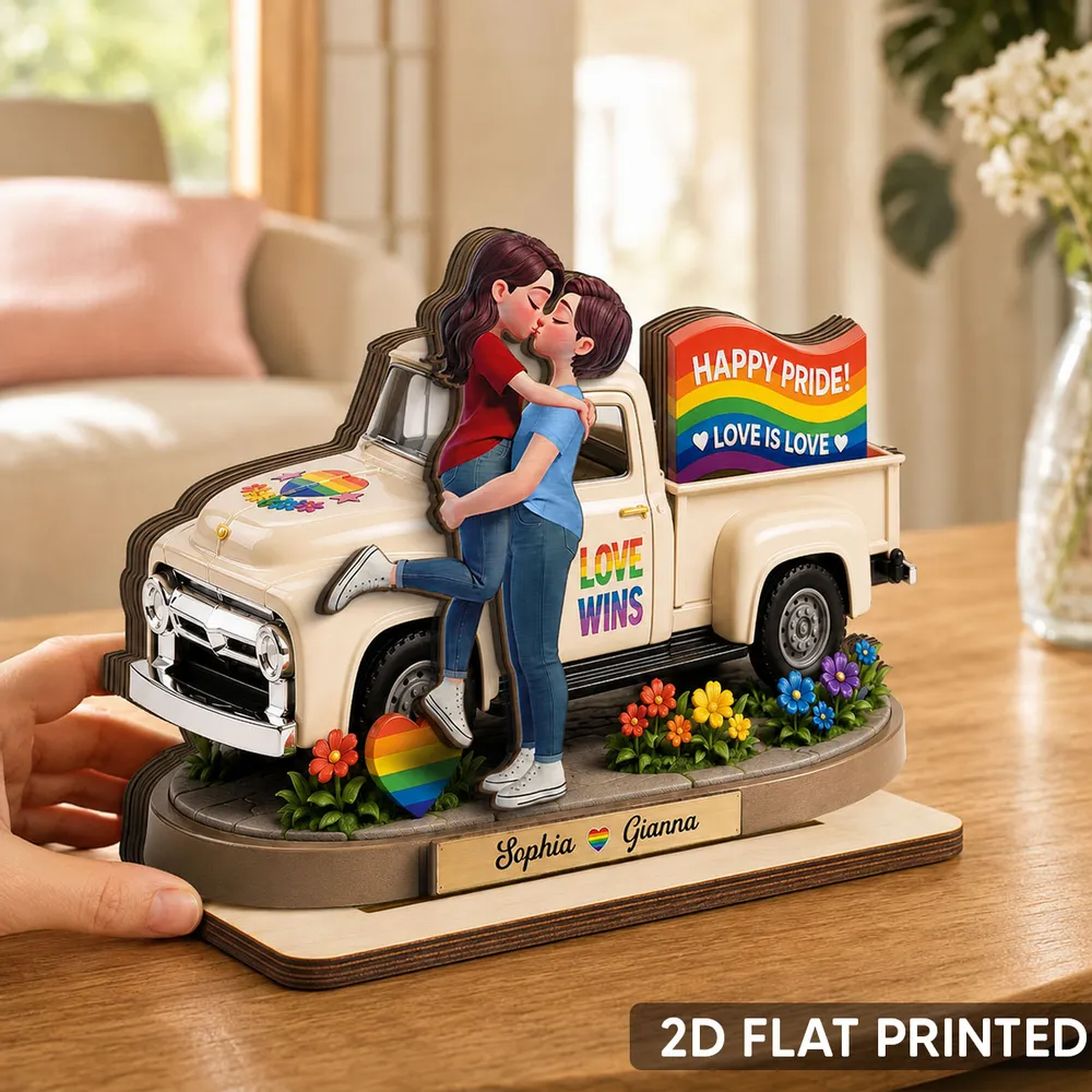 Love Is Love Couple Kissing By Truck 2D Flat - Personalized Wooden Plaque - Pride Month Keepsake
