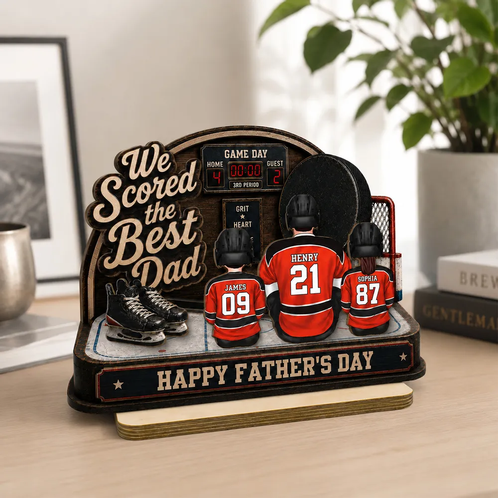 Hockey Dad & Kids Sitting On Court 2D Flat - Personalized Wooden Plaque - Father's Day Gift For Hockey Dad
