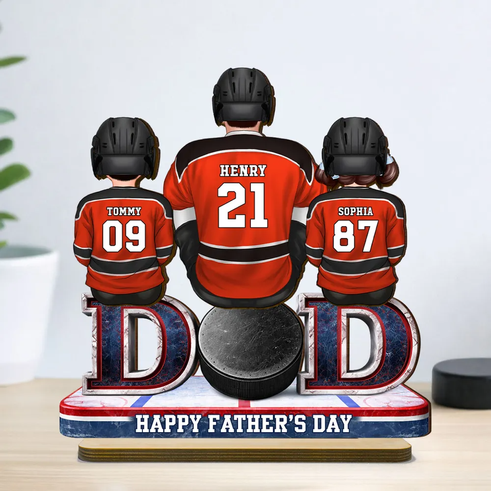 Hockey Dad And Kids Sitting Together - Personalized Wooden Plaque - Father's Day Gift, Gift For Hockey Dad, Gift For Husband
