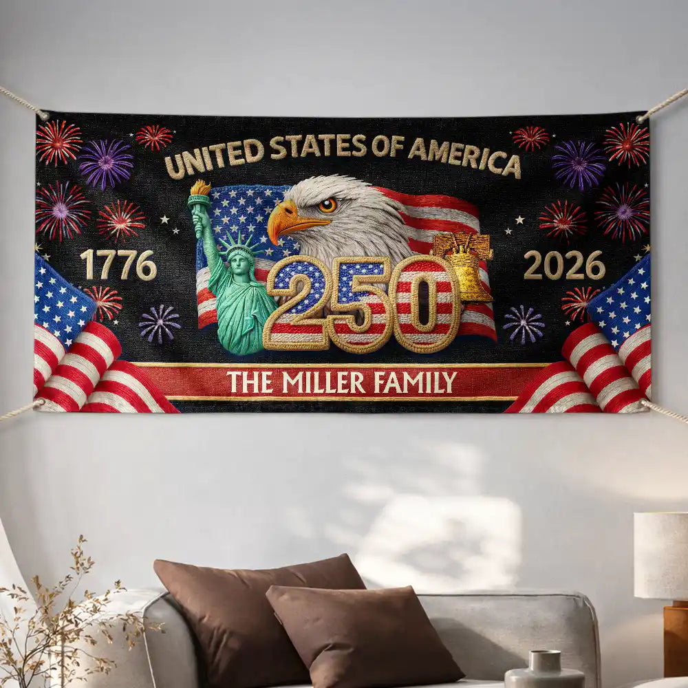 Faux Embroidery Effect America 250th Anniversary Family Name - Personalized Horizontal Banner