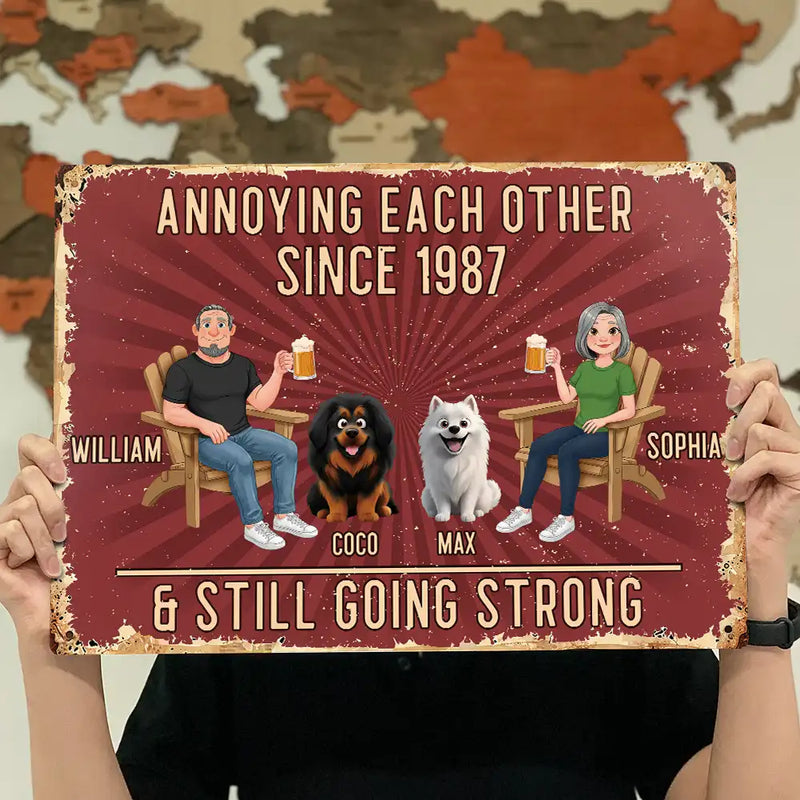 Animate Couple With Dog Cat Annoying Each Other - Personalized Classic Metal Signs