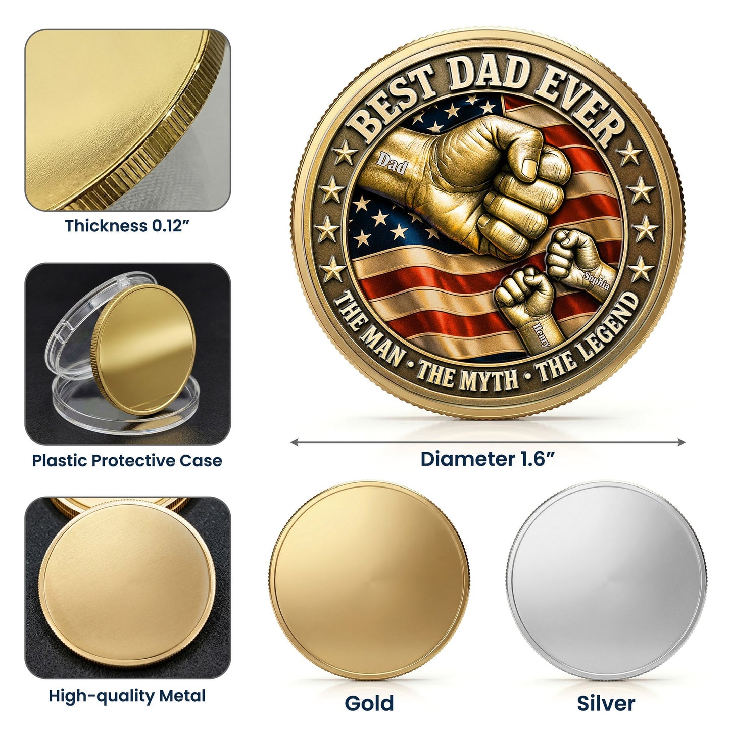 Father's Day Gifts, Best Dad Ever Fist Bumps With Kids' Names - Personalized Coin