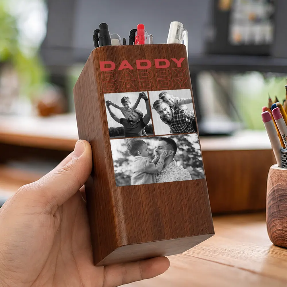 Custom Photo B&W Daddy Father Motivation Gift - Personalized Pen Holder With Clock