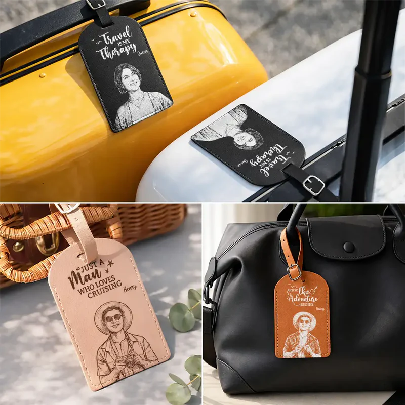 Custom Photo Bold Sketch Couple Besties Dog Cat Funny Portrait - Personalized Leather Luggage Tag