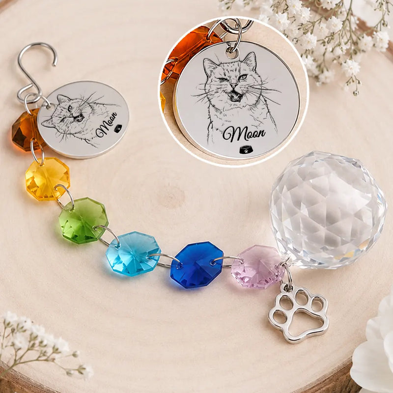 Custom Photo Dog Cat Forever Love Pencil Sketch - Personalized Crystal Suncatcher With Charm