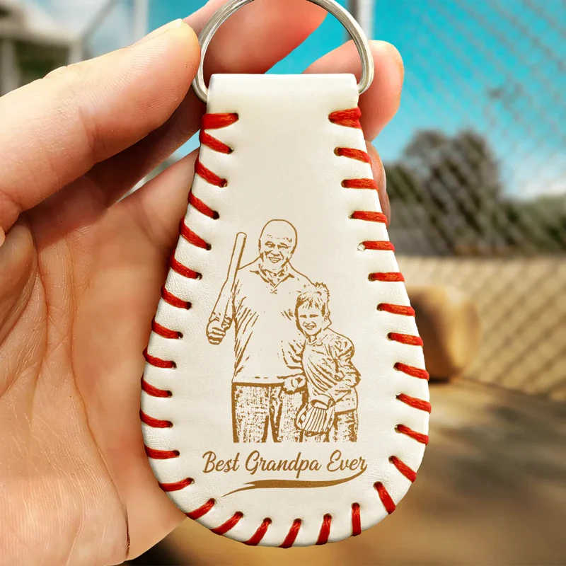 Custom Photo Pencil Drawing Engraved Best Dad Grandpa Ever - Personalized Leather Baseball Keychain