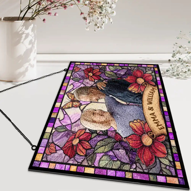 Custom Photo Stained Glass Portrait Dog Cat Family - Personalized Horizontal Stained Glass Suncatcher