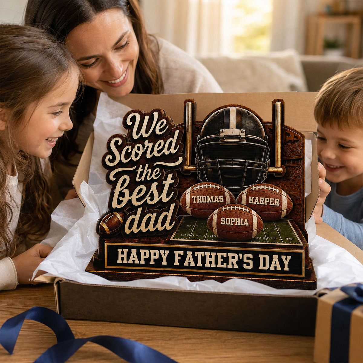 We Scored The Best American Football Dad Custom Name 2D Flat - Personalized Wooden Plaque - Father's Day Gift For Football Dad