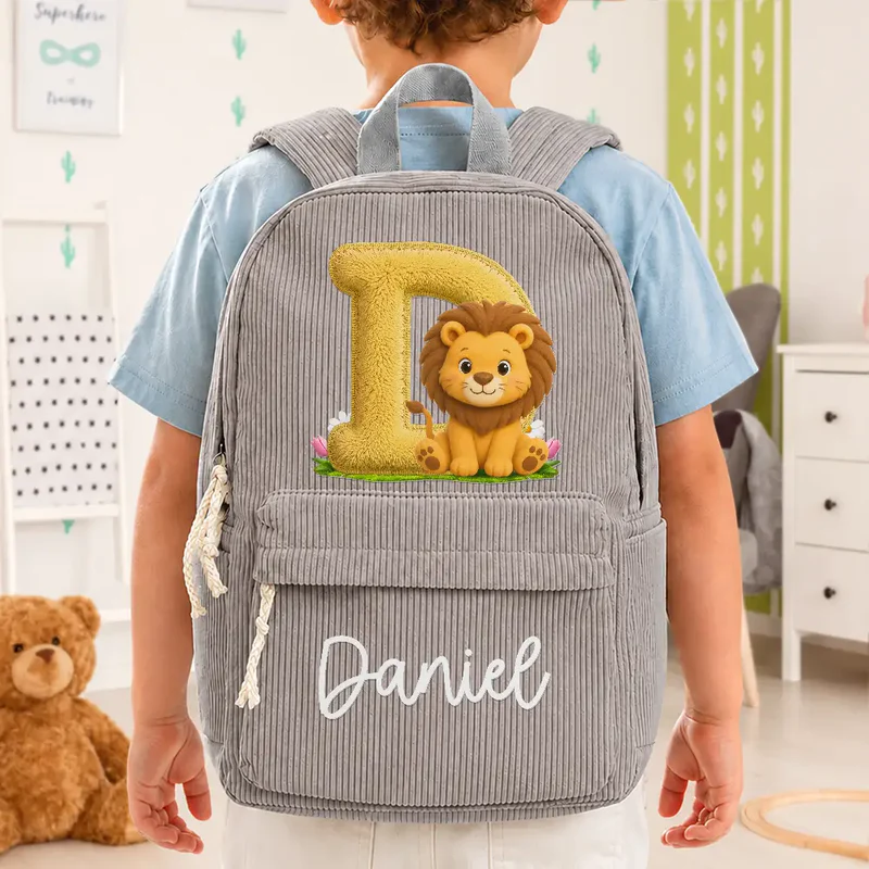 Faux Embroidery Effect Chenille Animal & Alphabet Letters - Personalized Corduroy Backpack