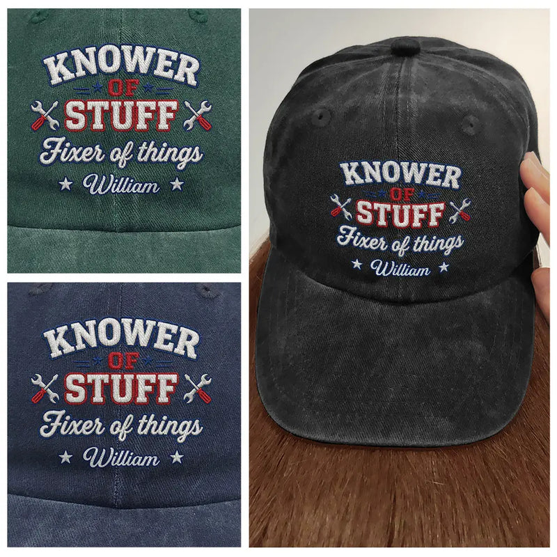 Knower Of Stuff Fixer Of Things Embroidery Effect - Personalized Vintage Washed Denim Cap