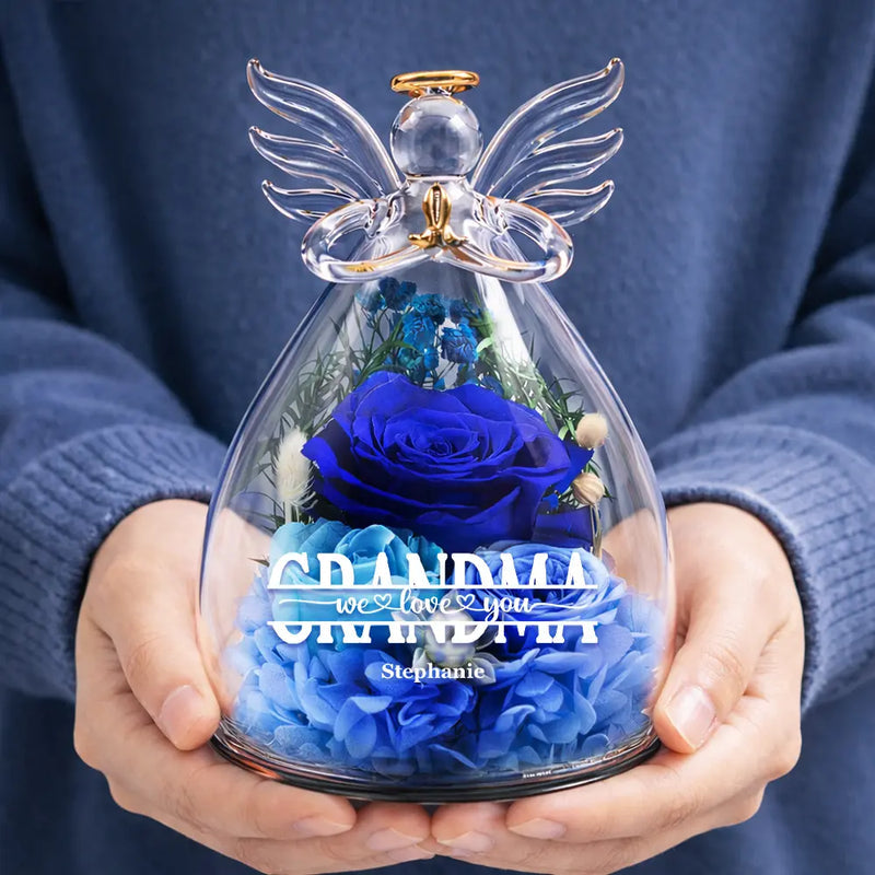 Mom Grandma Flower We Love You - Personalized Flower In Glass Angel Figurine