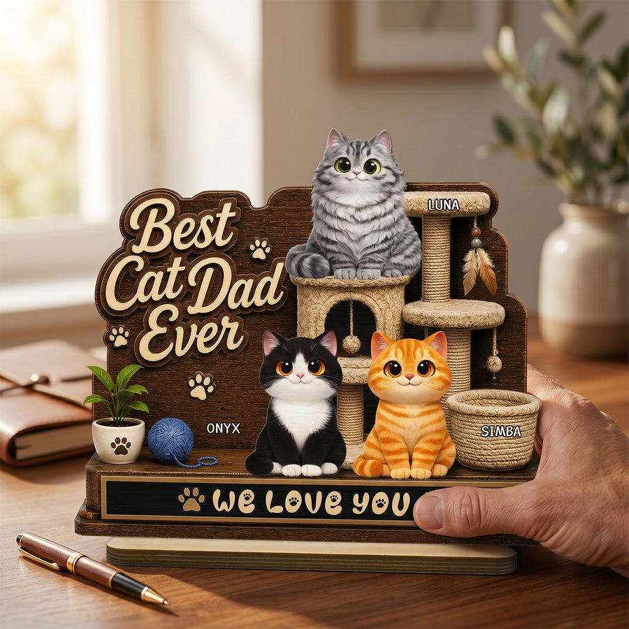 Best Cat Dad Ever Cute Cats On Cat Tree 2D Flat - Personalized Wooden Plaque - Father's Day Gift For Cat Dad