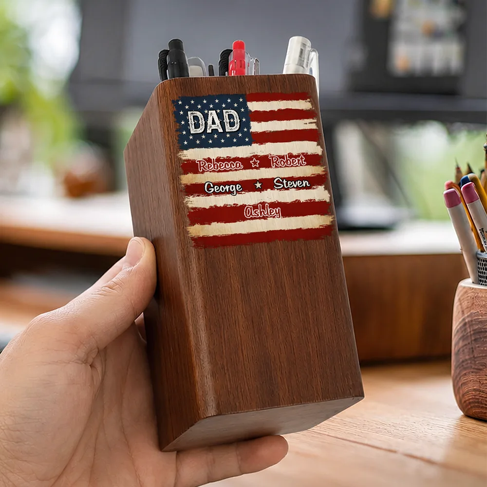 Stars & Stripes US Flag American Dad Grandpa - Personalized Pen Holder With Clock