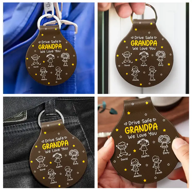 Stick Figures Drive Safe Daddy Grandpa - Personalized Custom Shaped Leather Keychain