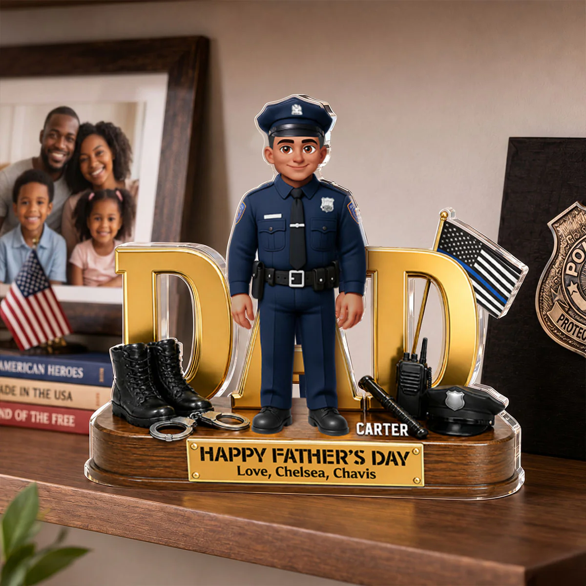 Proud American Police Dad You Are Our Hero Thin Blue Line 2D Flat - Personalized Acrylic Block Plaque - Father's Day Gift For Dad