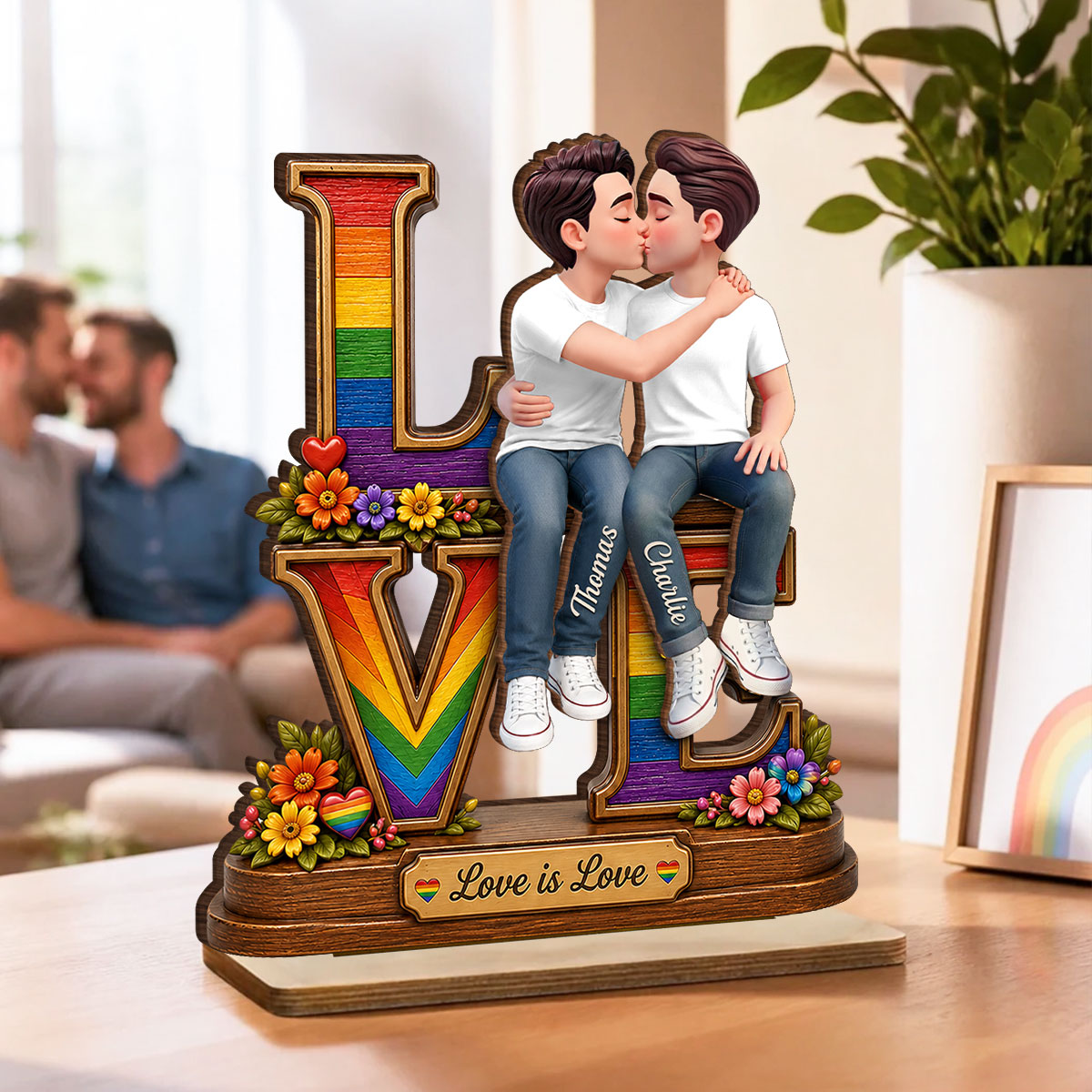 Love Is Love LGBT+ Couple Rose - Personalized Wooden Plaque - Gift For Couple, Happy Pride Month
