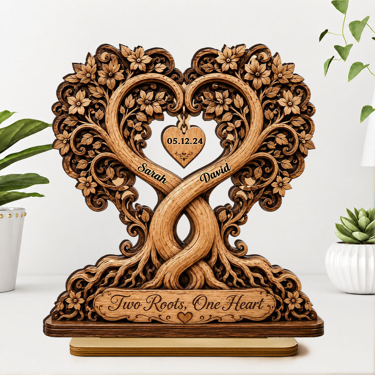 Two Roots One Heart Couple - Personalized Wooden Plaque - Heartfelt Anniversary Gift for Her, for Him
