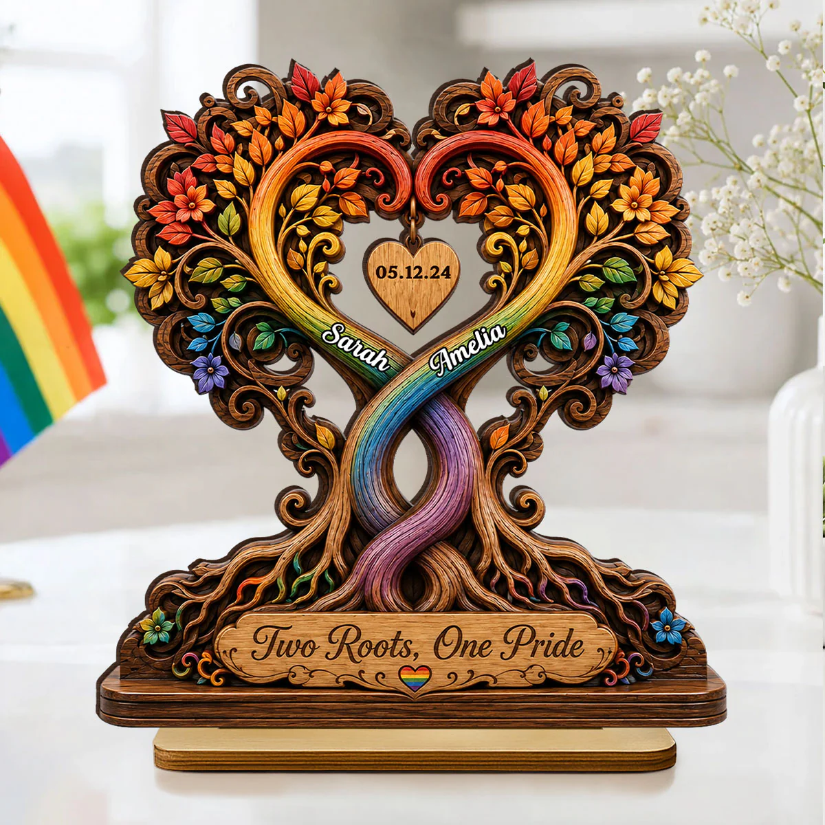 Two Roots One Pride LGBTQ+ Couple - Personalized Wooden Plaque - Heartfelt Anniversary Gift for Her, for Him