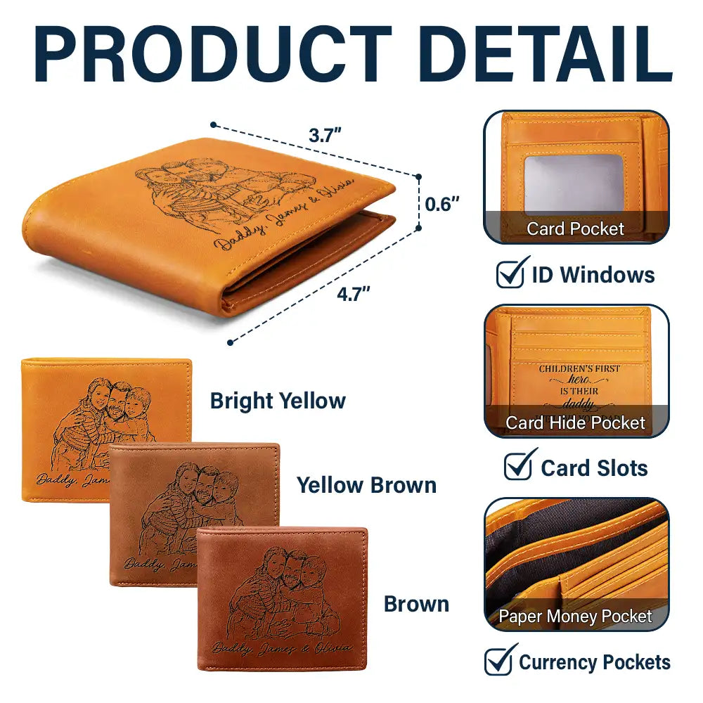 Custom Photo Bold Sketch A Son Daughter's First Hero - Personalized Engraved Leather Wallet