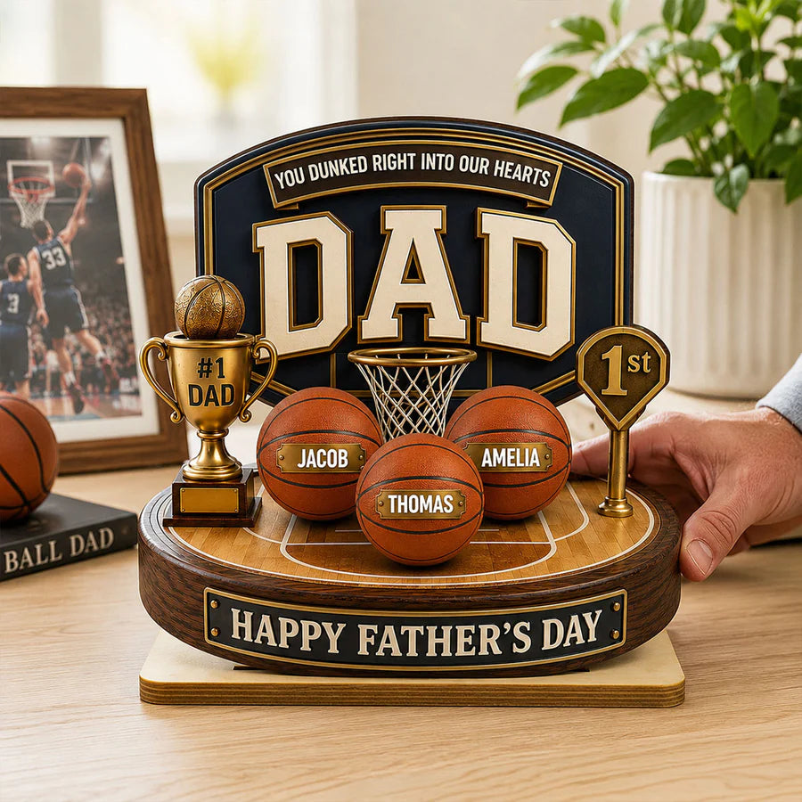 Basketball Trophy You Dunked Right Into Our Hearts - Personalized Wooden Plaque - Father's Day Gift For Dad, Husband