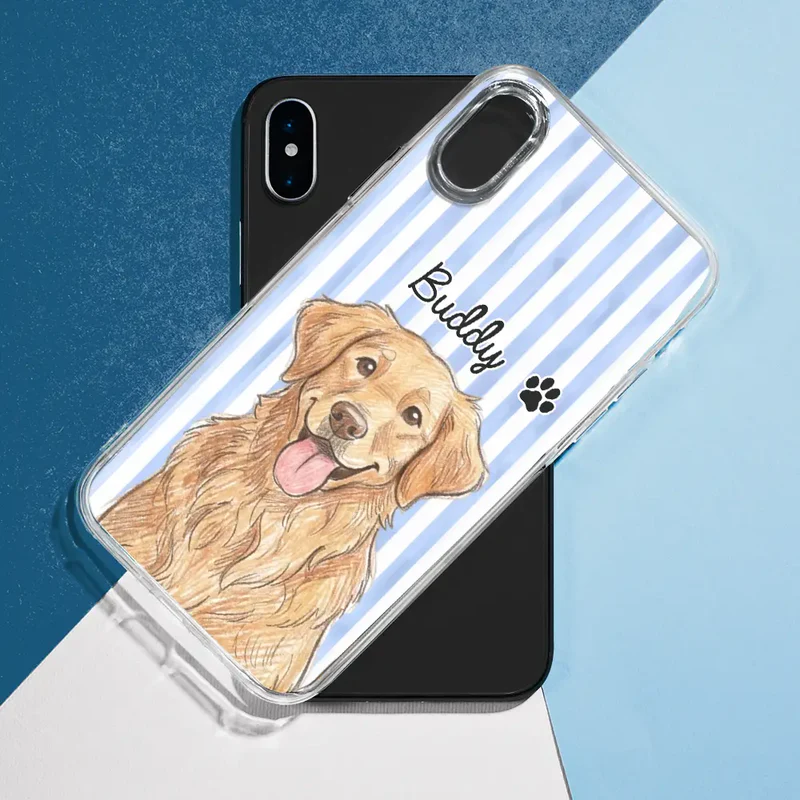 Custom Photo Colored Pencil Sketch Cute Dog Cat Stripe Pattern - Personalized Clear Phone Case