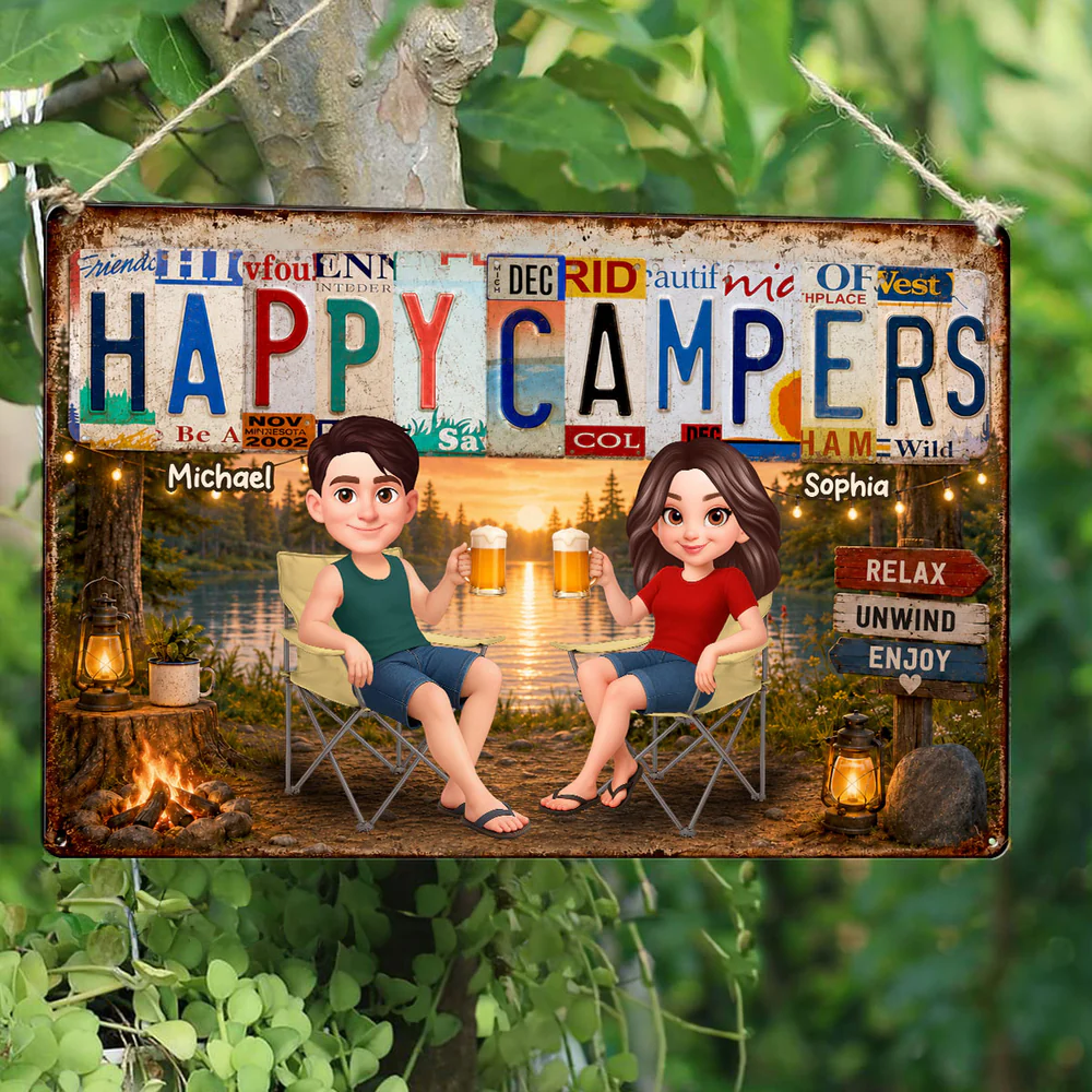 Happy Campers Camping Couple License Plate Style - Personalized Metal Sign - Gift For Campers