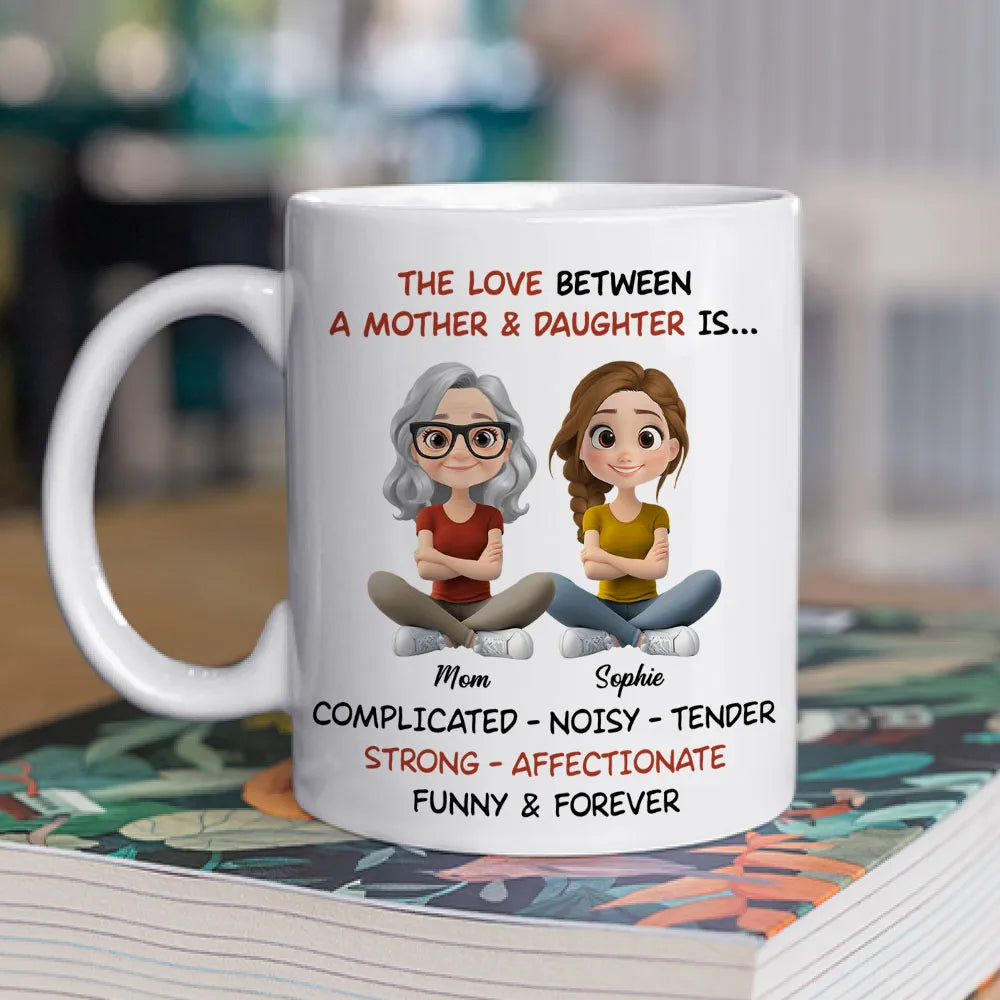 Personalized White Ceramic Mug Mother & Daughter Cute Cartoon Sitting Design - Unique Mother's Day Gift