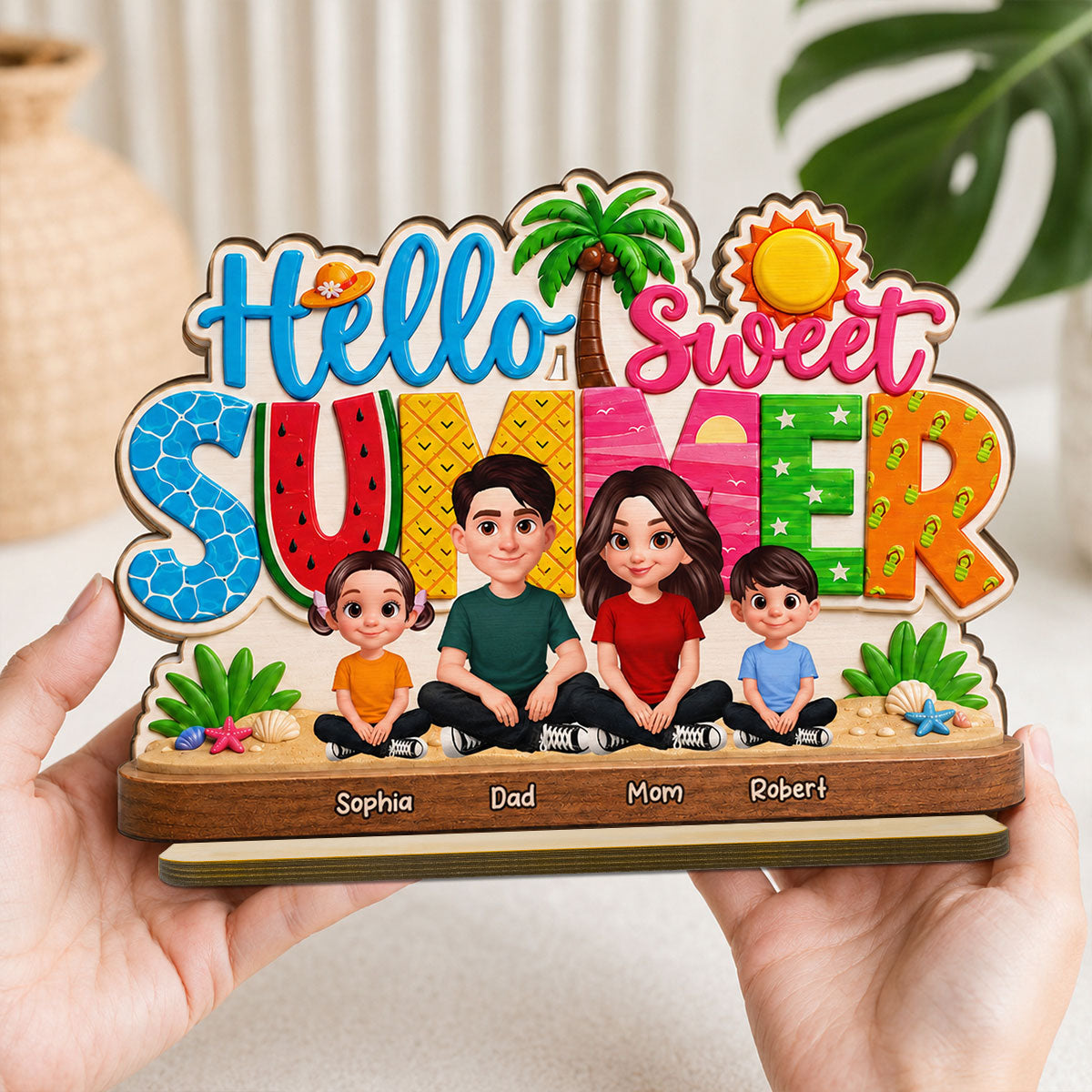 Hello Summer Vibe Family Grandpa Grandma Dad Mom Kids - Personalized Wooden Plaque - Gift For Family, Grandparents, Summer Decoration