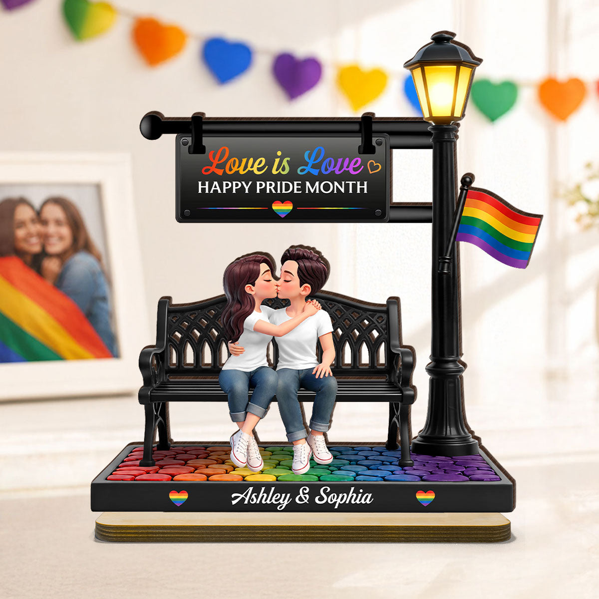 LGBT+ Couple Sitting On Bench Under Lamp Post - Personalized Wooden Plaque - Gift For Couple, Happy Pride Month