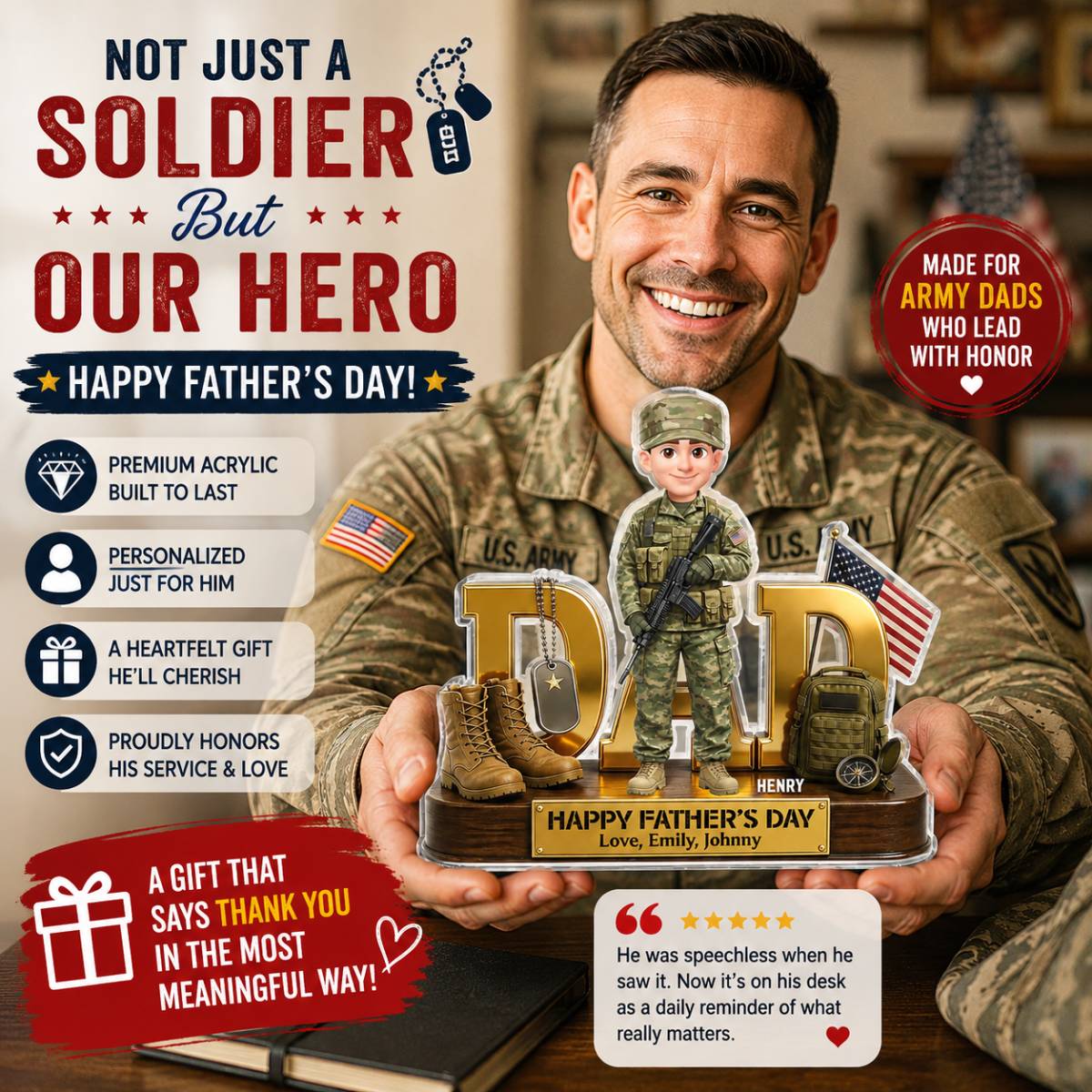 Proud American Military Armed Force Hero Dad 2D Flat - Personalized Acrylic Block Plaque - Father's Day Gift For Dad