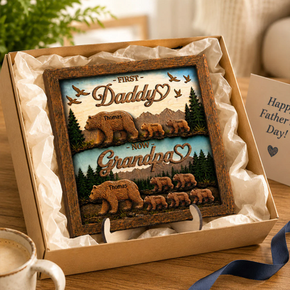 First Dad Now Grandpa Bear with Kids Name - Personalized Wooden Plaque
