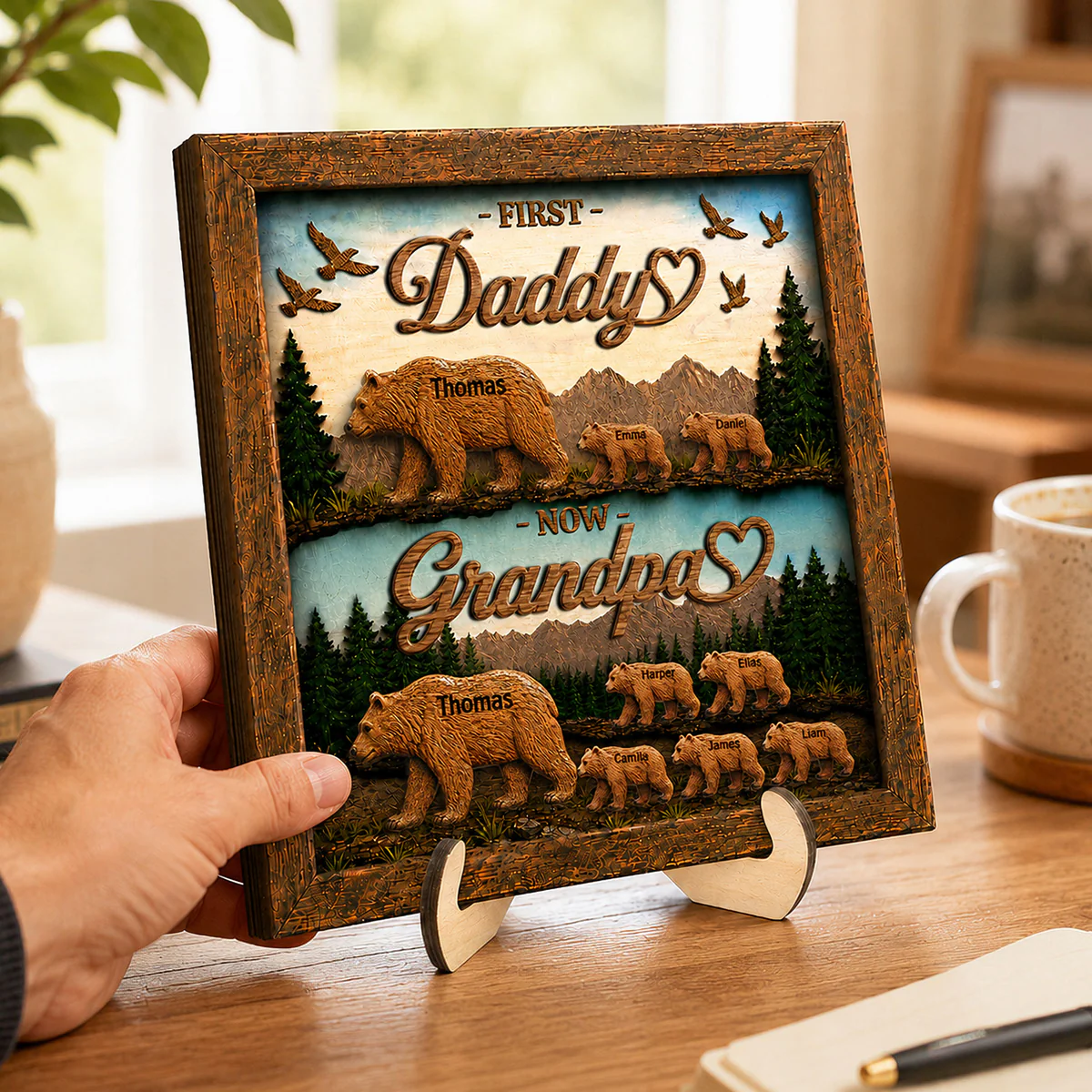 First Dad Now Grandpa Bear with Kids Name - Personalized Wooden Plaque