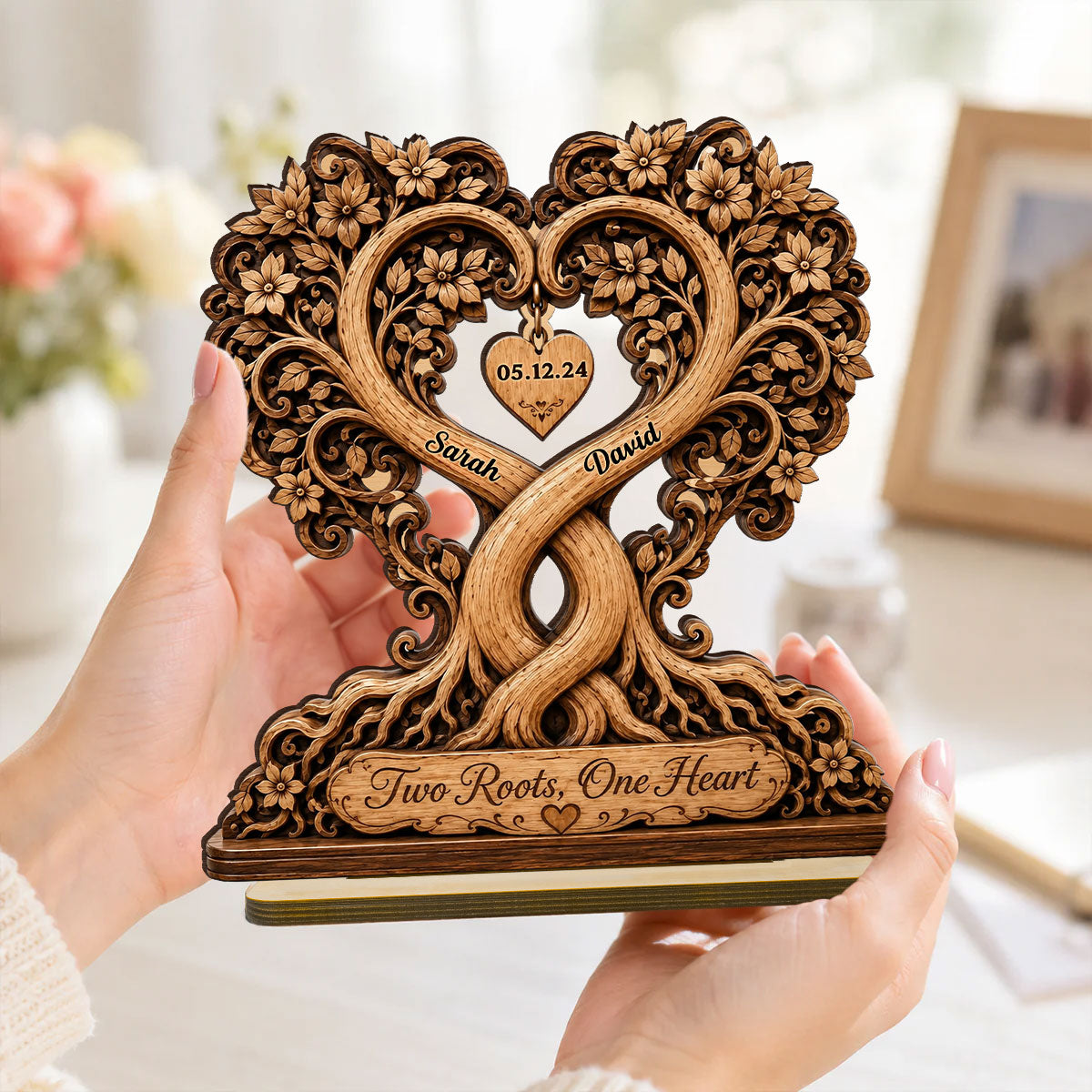 Two Roots One Heart Couple - Personalized Wooden Plaque - Heartfelt Anniversary Gift for Her, for Him