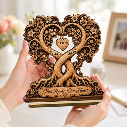 Two Roots One Heart Couple - Personalized Wooden Plaque - Heartfelt Anniversary Gift for Her, for Him
