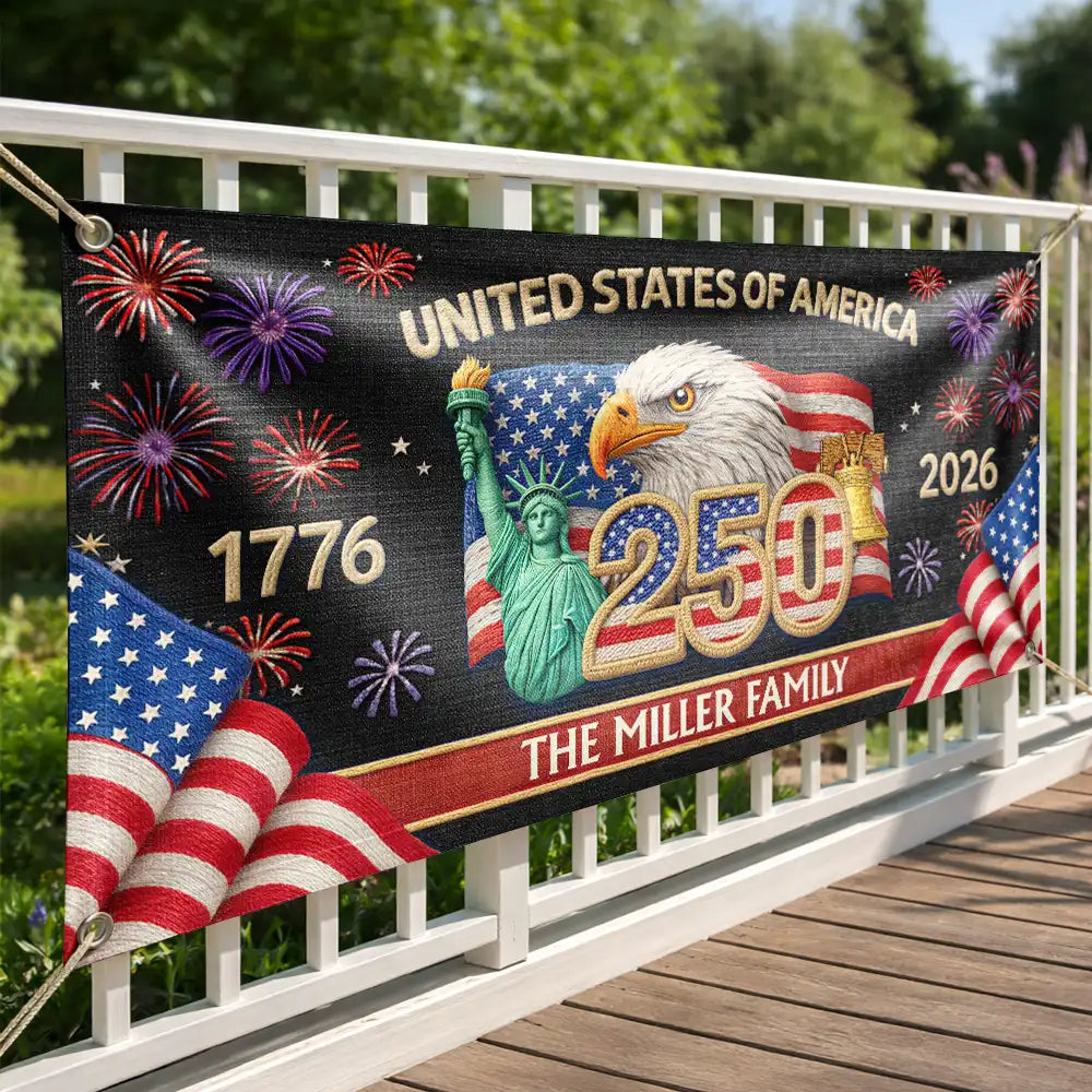 Faux Embroidery Effect America 250th Anniversary Family Name - Personalized Horizontal Banner
