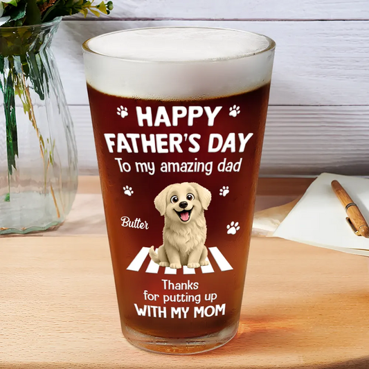 3D Effect Dog Cat Thanks For Putting Up With My Mom - Personalized Beer Glass