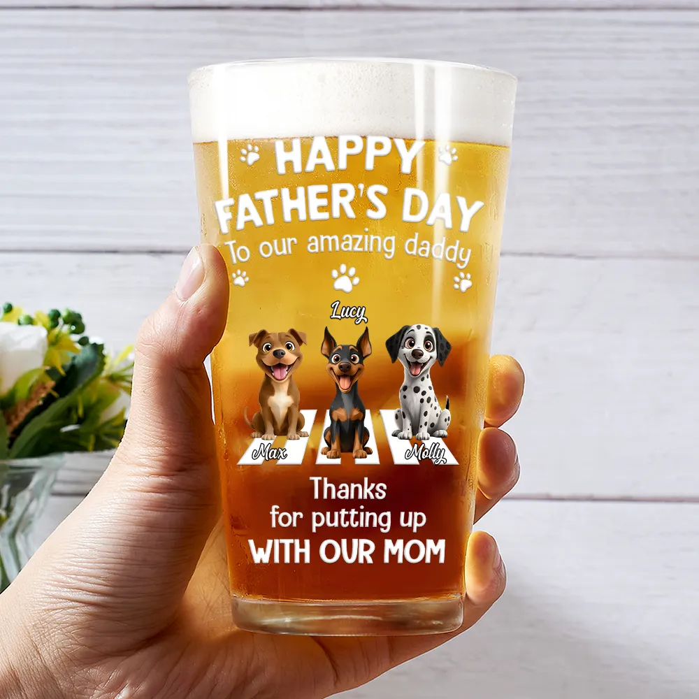 3D Effect Dog Cat Thanks For Putting Up With My Mom - Personalized Beer Glass