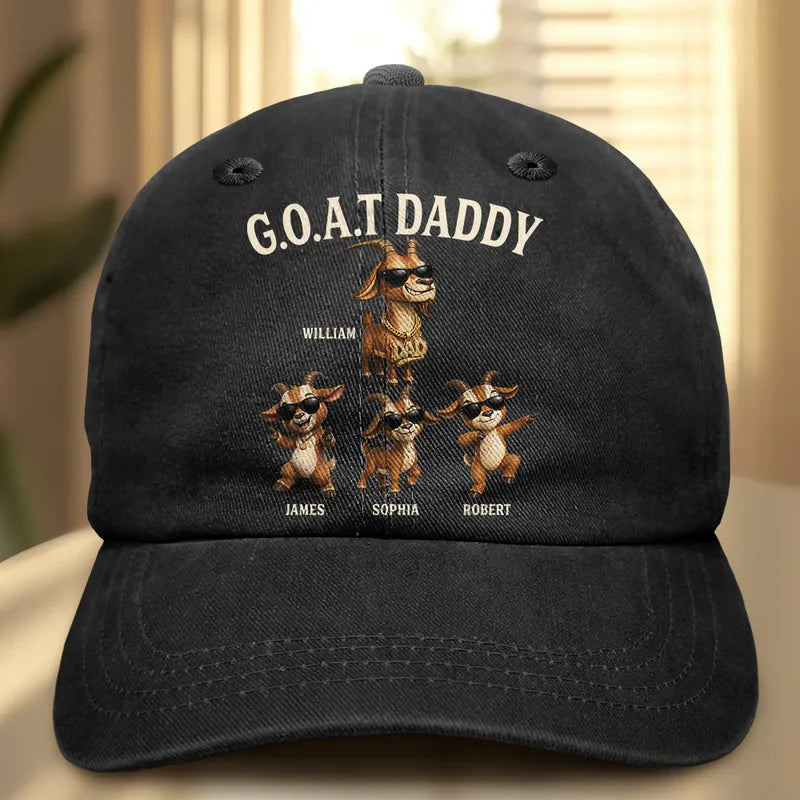 3D Effect Goat Dad And Kids - Personalized Vintage Washed Denim Cap
