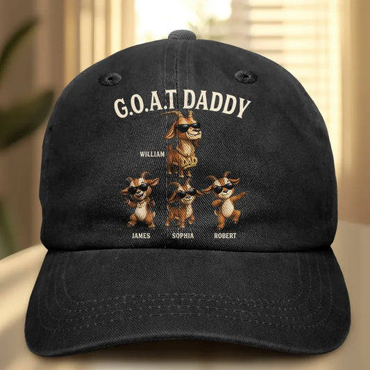 3D Effect Goat Dad And Kids - Personalized Vintage Washed Denim Cap
