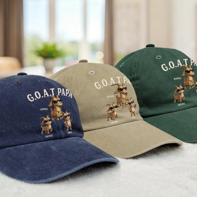 3D Effect Goat Dad And Kids - Personalized Vintage Washed Denim Cap