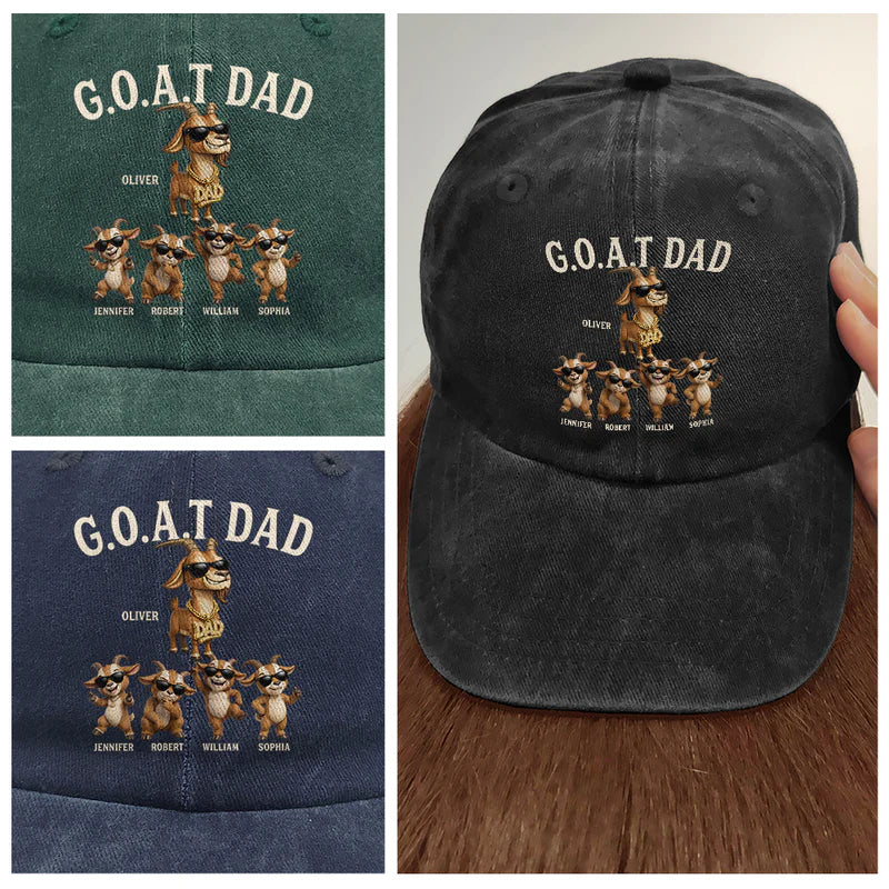 3D Effect Goat Dad And Kids - Personalized Vintage Washed Denim Cap