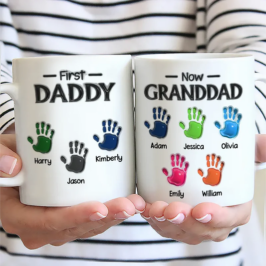 3D Inflated Effect Handprints First Dad Now Grandpa - Personalized White Edge-to-Edge Mug