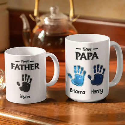 3D Inflated Effect Handprints First Dad Now Grandpa - Personalized White Edge-to-Edge Mug