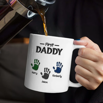 3D Inflated Effect Handprints First Dad Now Grandpa - Personalized White Edge-to-Edge Mug