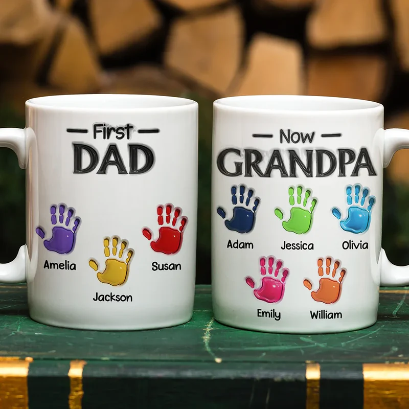 3D Inflated Effect Handprints First Dad Now Grandpa - Personalized White Edge-to-Edge Mug