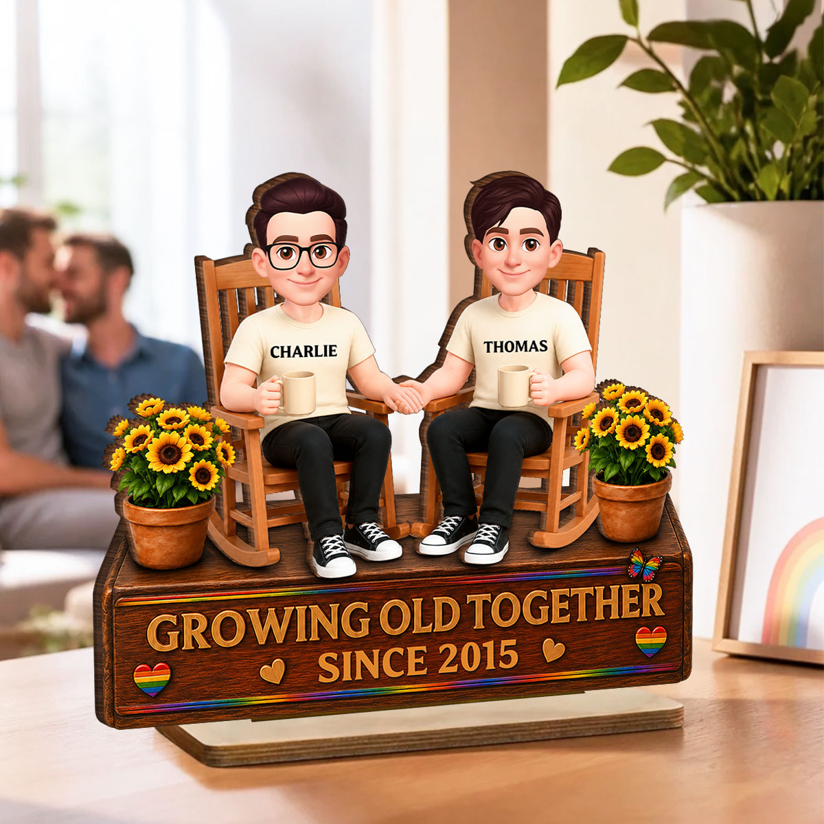 LGBT+ Couple Sitting On Garden - Personalized Wooden Plaque - Gift For Couple, Happy Pride Month