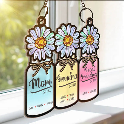 Flower Mason Jar Mom Grandma Great Grandma - Personalized Window Hanging Suncatcher Ornament