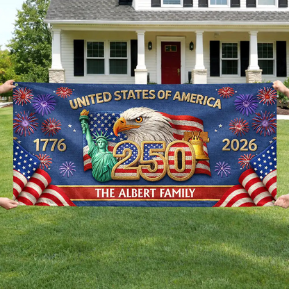 Faux Embroidery Effect America 250th Anniversary Family Name - Personalized Horizontal Banner