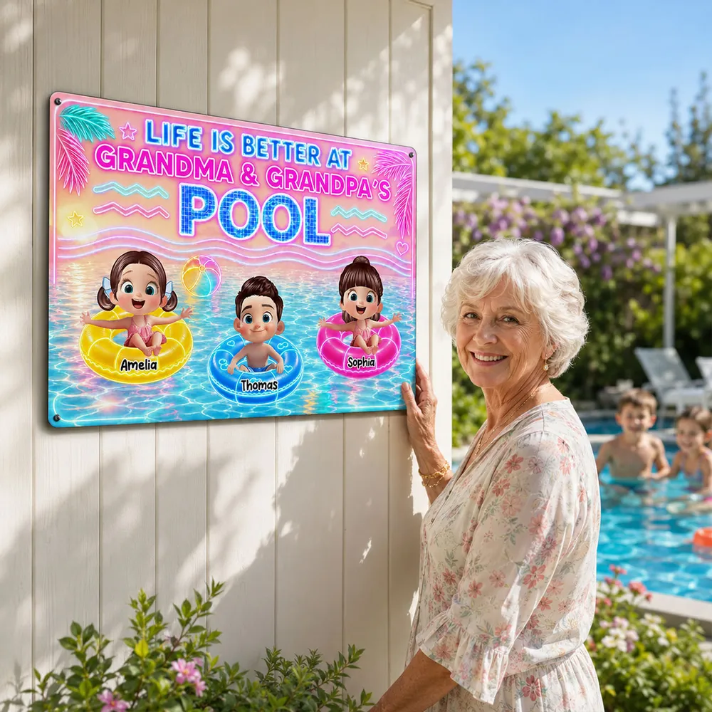 Neon Summer Life is Better in Grandma Grandpa's Pool - Personalized Metal Sign - Summer Decor Gift for Grandma, Grandparents